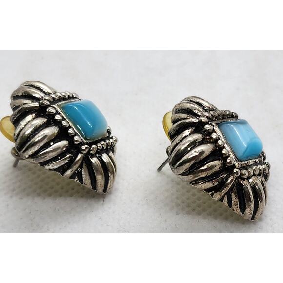 EARRINGS-Silver Tone with Blue "Stones"-Silver With Black Chunky Square-Pierced - Picture 7 of 8